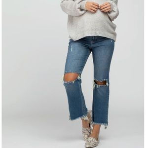 Blue Frayed Wide Leg Cropped Maternity Jeans